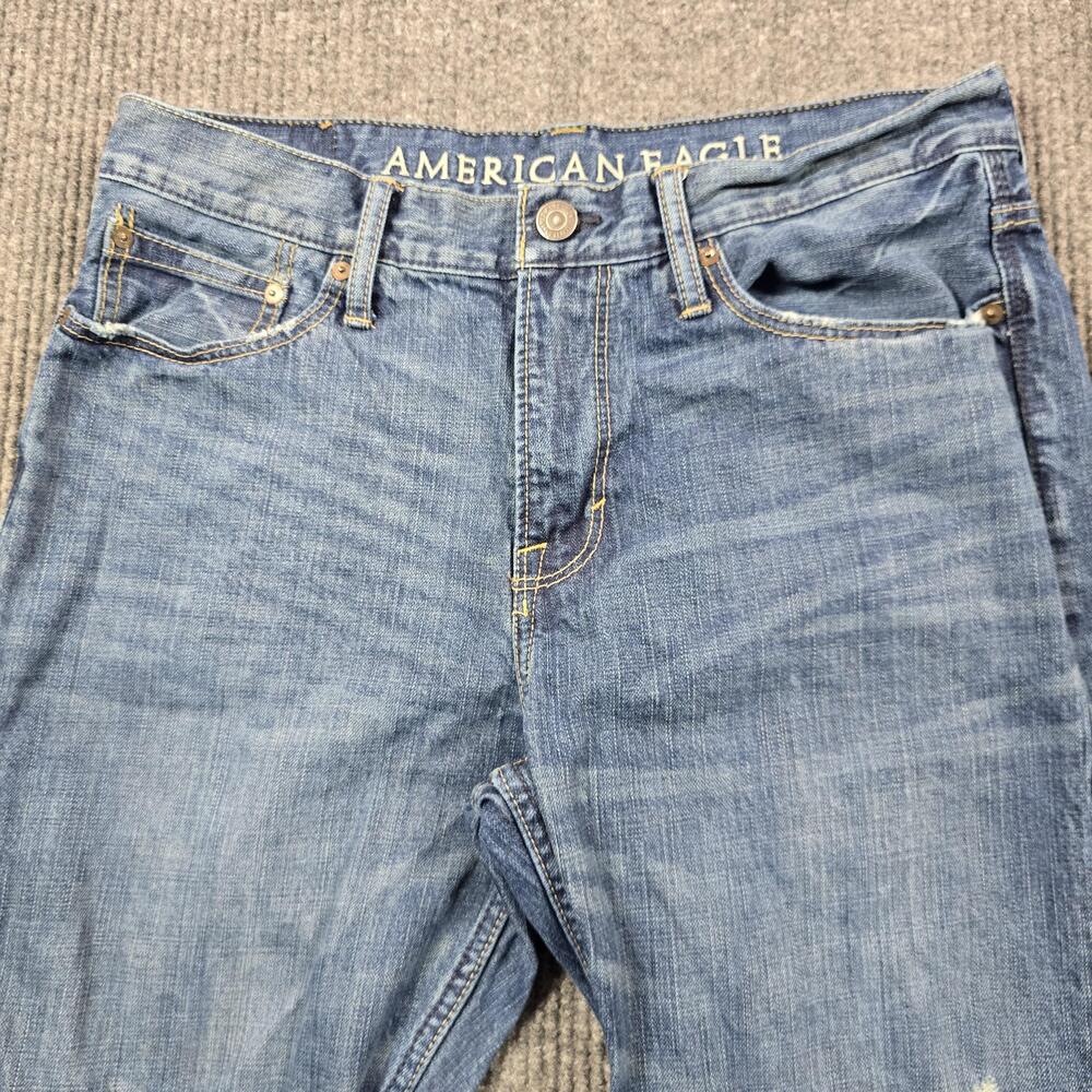 American Eagle Jeans Mens 32x30 Blue Whiskered Y2K Relaxed Straight Distressed